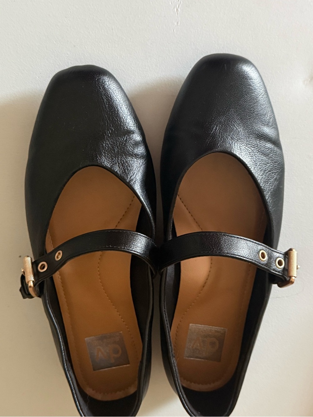 DV Black Leather Mary Jane Flats with Gold Buckle